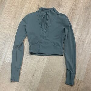 Green Ribbed athletic Women's Crop Top quarter zip up